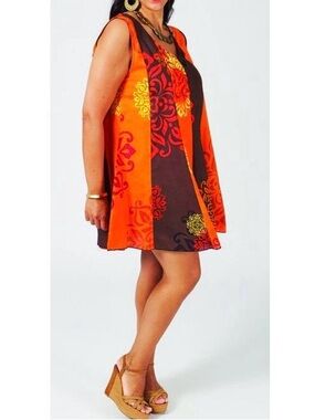 Aller Simplement orange and dark brown boho chic sleeveless dress